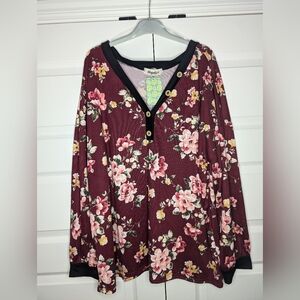 NWT Haptics by Holly Harper 3XL Maroon Floral Long Sleeve Top